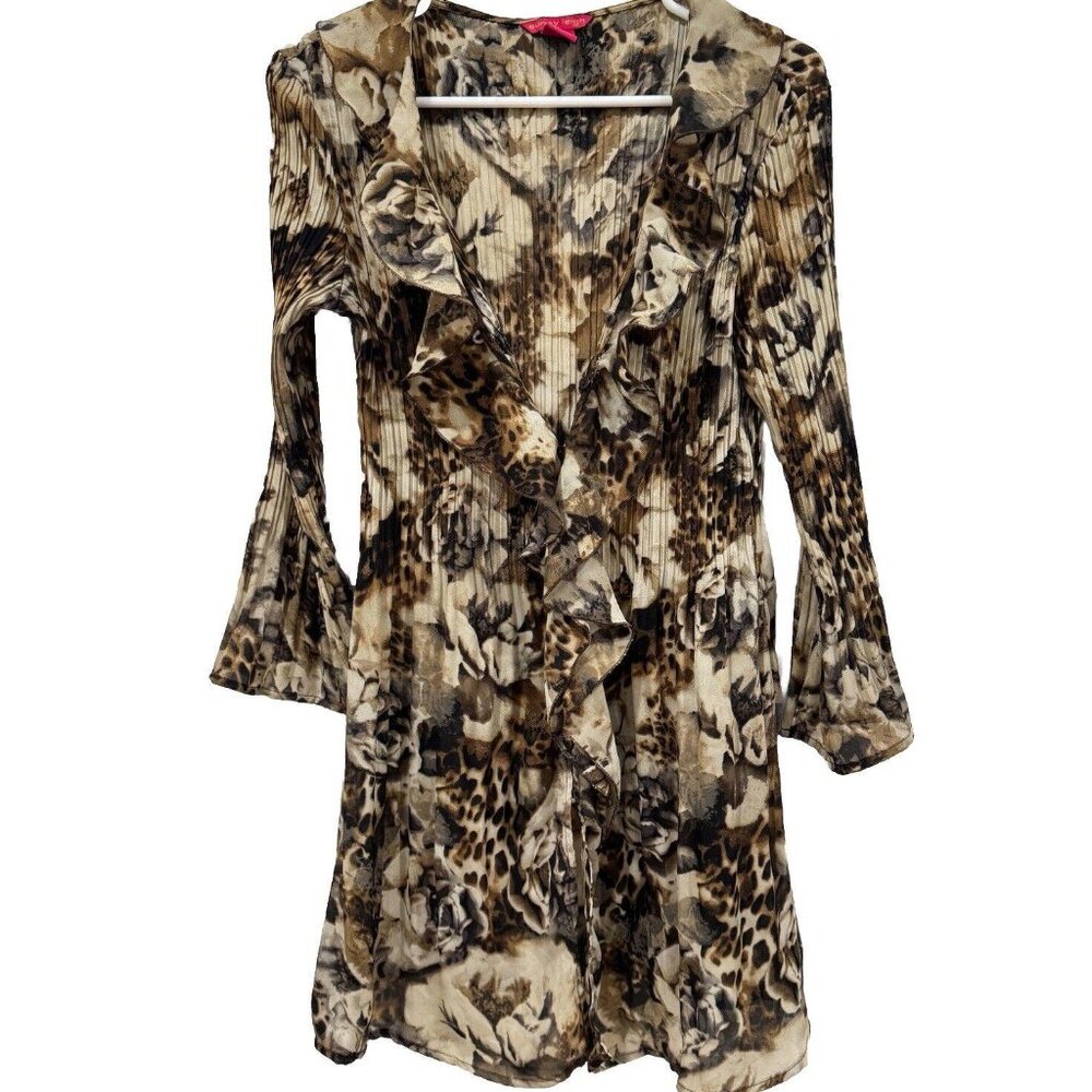 Sunny Leigh  pleated animal print button-up Ruffles‎ Dress Top Medium